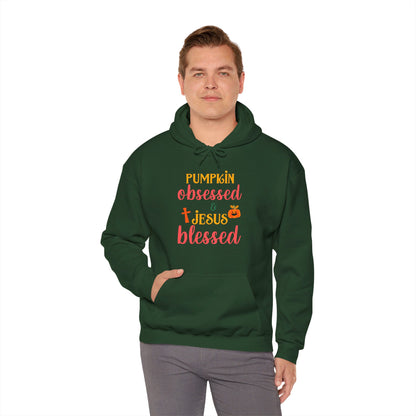 Pumpkin Obsessed And Blessed by Him Halloween Unisex Christian Pullover Hooded Sweatshirt