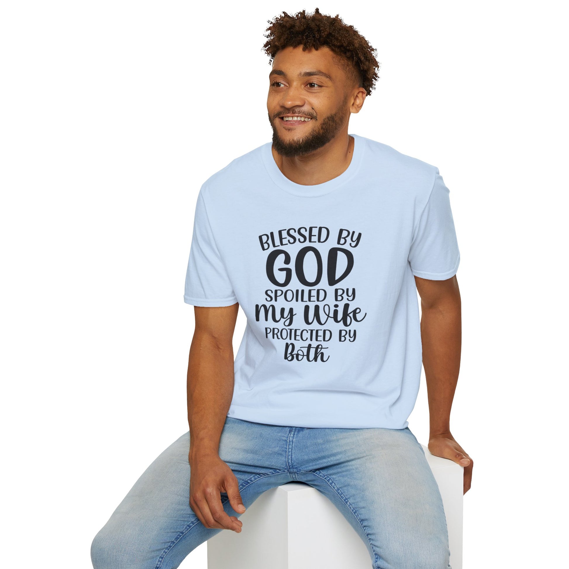 Blessed By God Spoiled By My Wife Protected By Both Men's Christian T-shirt Printify