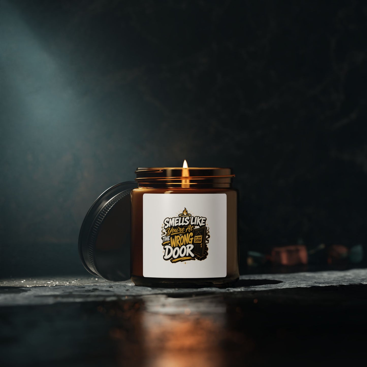 Scented Soy Candle — "Smells Like Someone Took the Wrong Door" Amber Jar