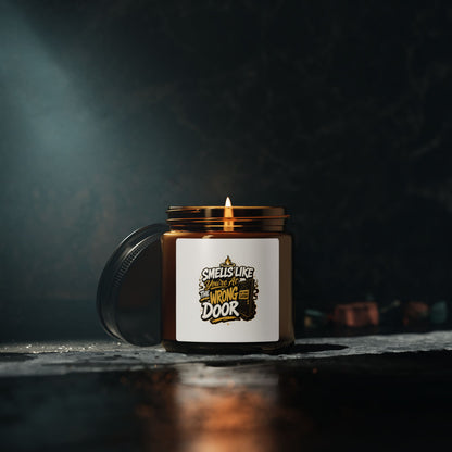 Scented Soy Candle — "Smells Like Someone Took the Wrong Door" Amber Jar