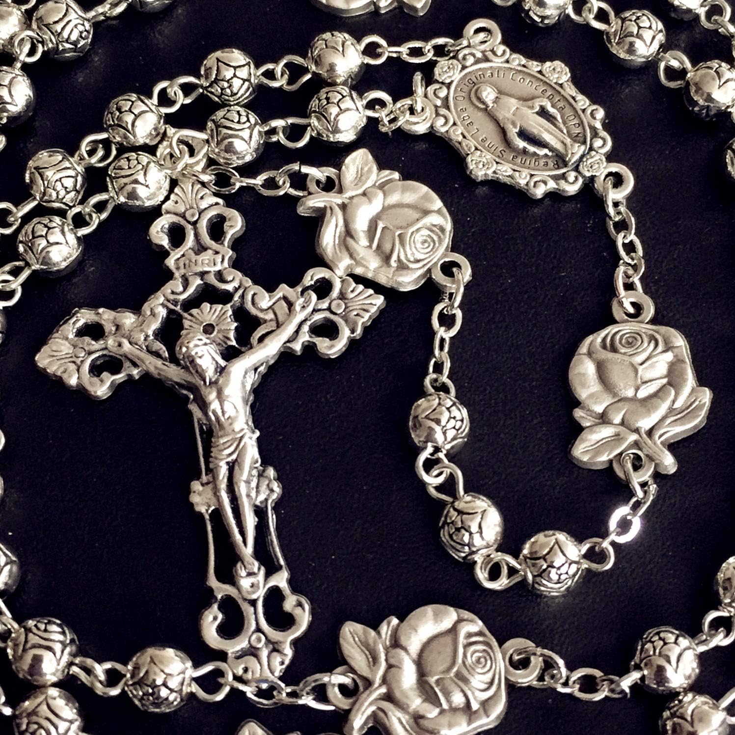 HANDMADE Silver rose beads Rosary case Cross Gift Box claimedbygoddesigns