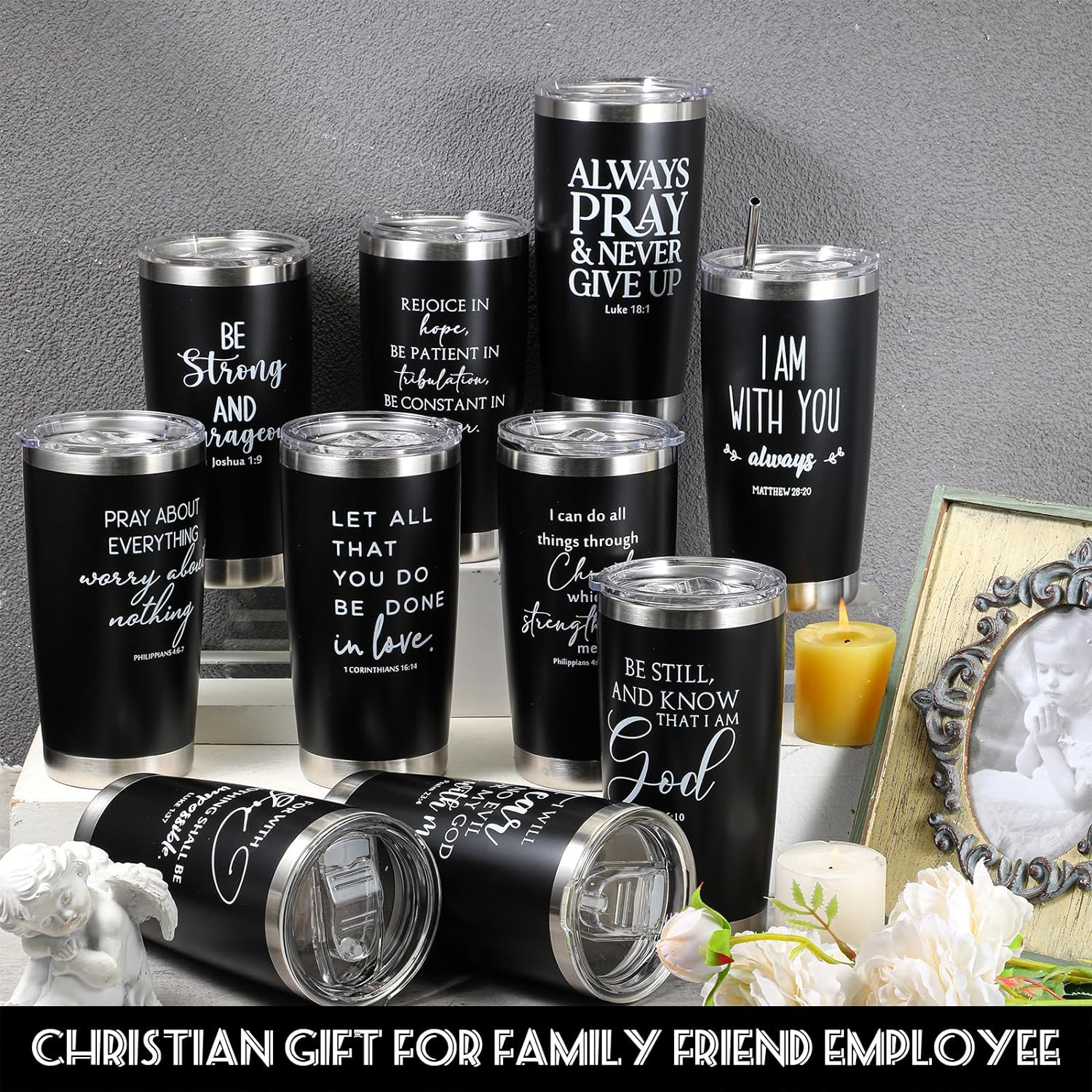 10 sets Christian Bible Verse Insulated Stainless Steel Tumblers Bulk 20oz with Straw & Brush claimedbygoddesigns