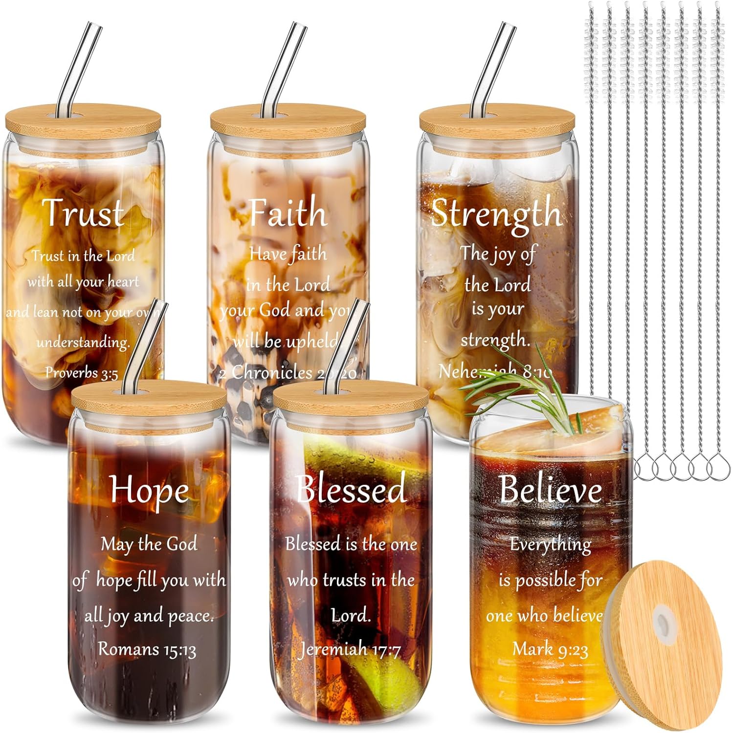 6 Set Bible Verse Christian Tumblers 16 oz with Lids Straws claimedbygoddesigns