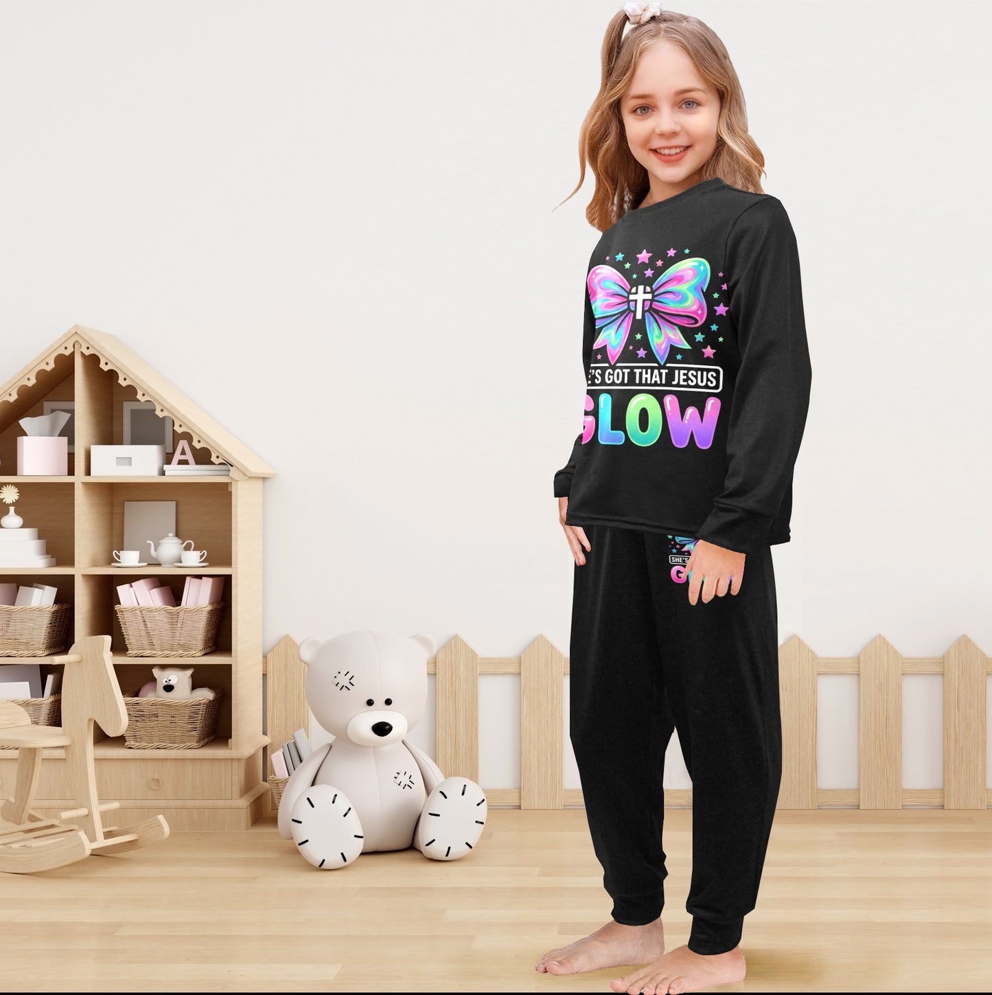 She's Got That Jesus Glow Little Girls' Crew Neck Long Pajama Set
