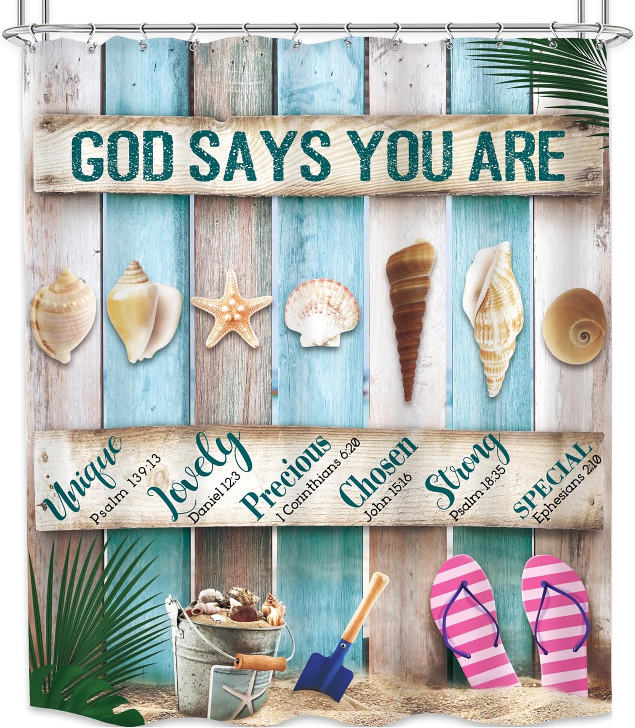 God Says You Are (beach themed) Christian Shower Curtain with 12 Hooks claimedbygoddesigns