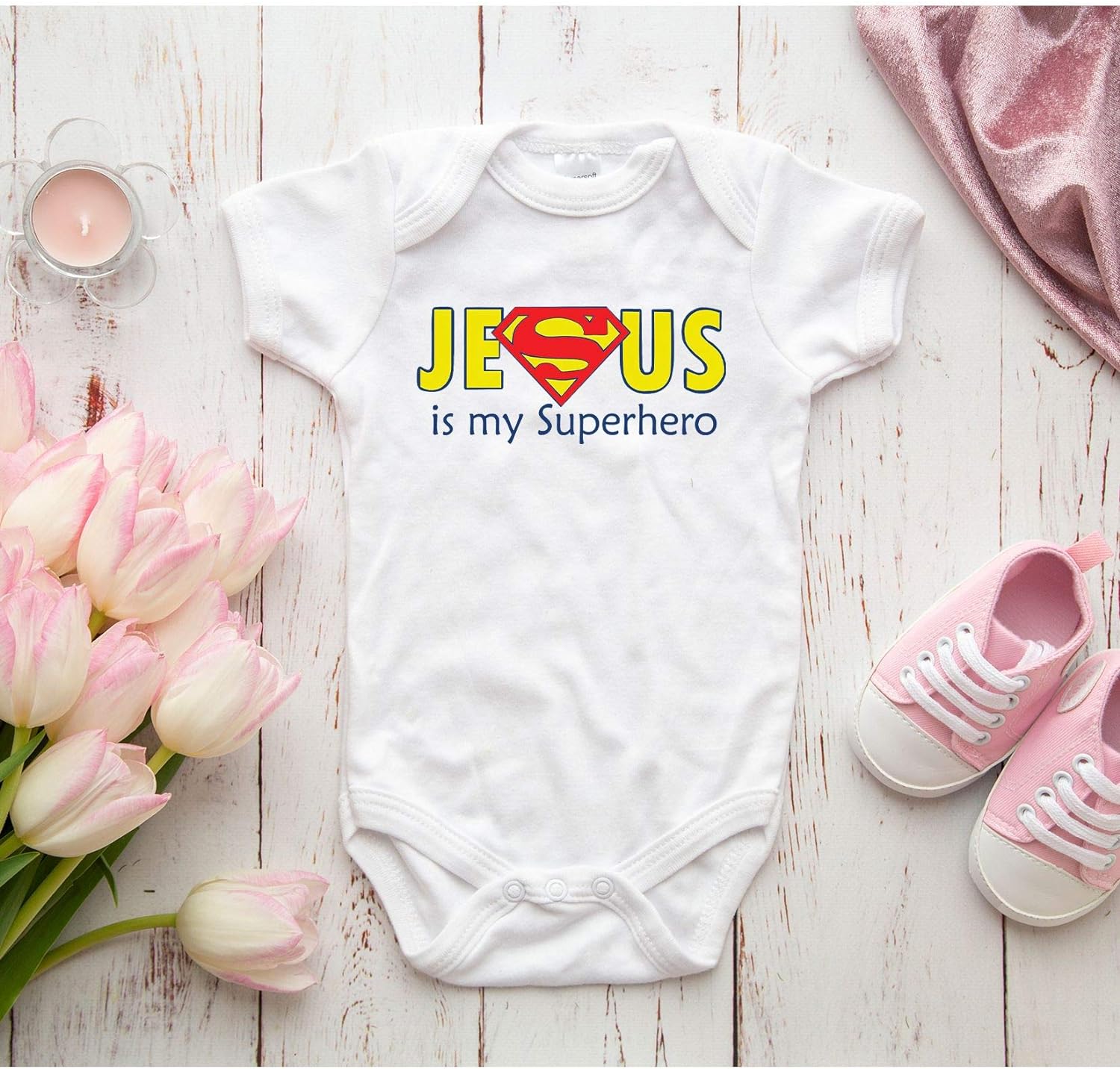 Jesus is my Superhero Christian Baby Onesie claimedbygoddesigns
