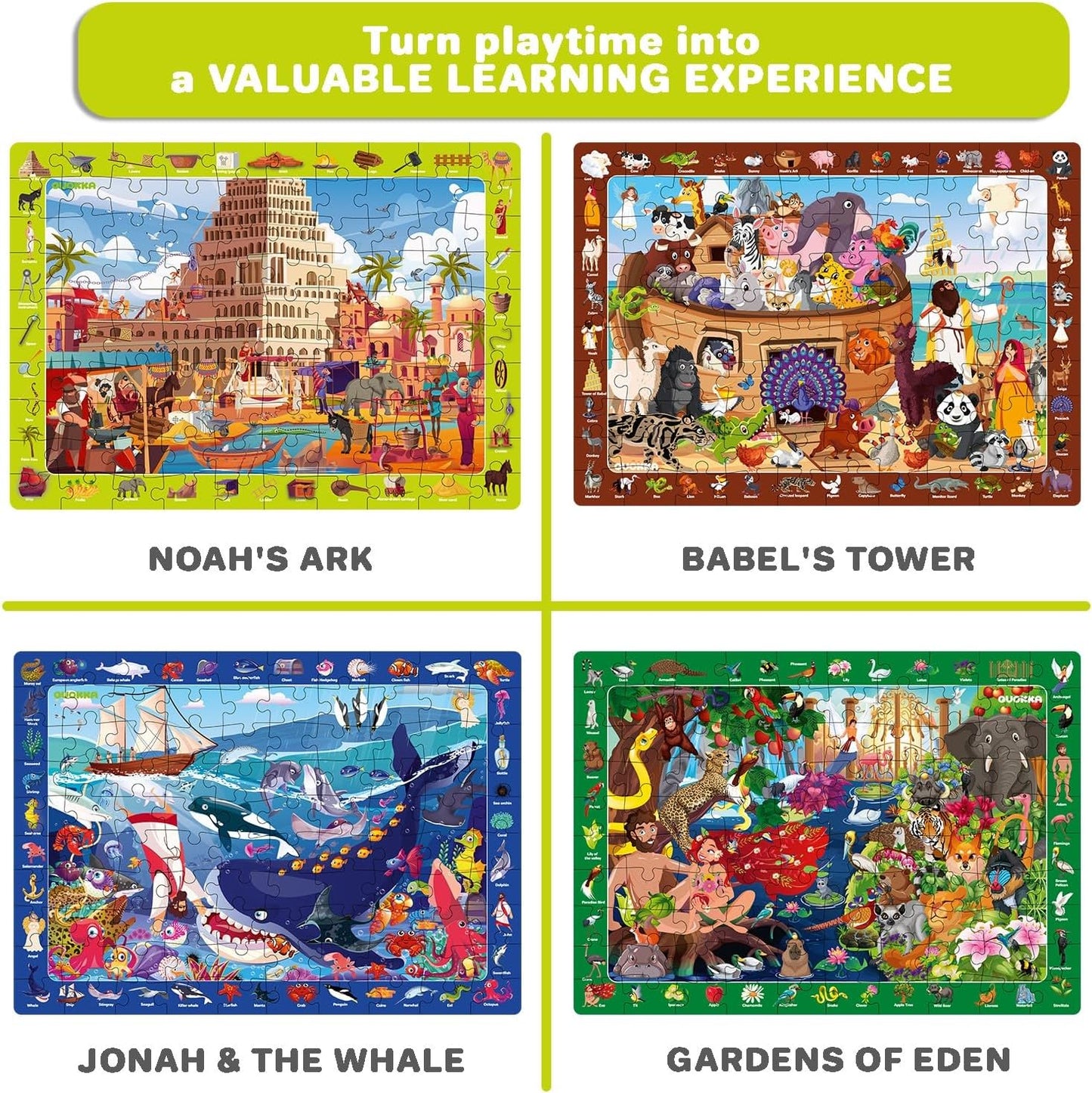 60 Piece Puzzles for Kids Ages 4-6 - Set of 4 Bible Jigsaw Puzzles for Kids 6-8-10 Year Old by QUOKKA - Tower of Babel | Noah`s Ark | Eden Toys for Children 5-7 yo - Christian Game claimedbygoddesigns