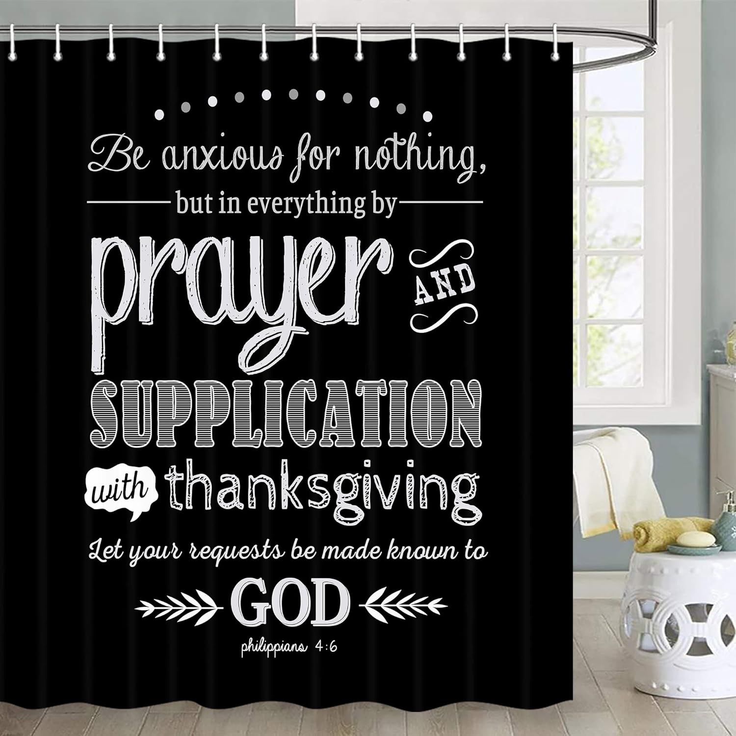 Be Anxious For Nothing Christian Shower Curtain with Hooks claimedbygoddesigns