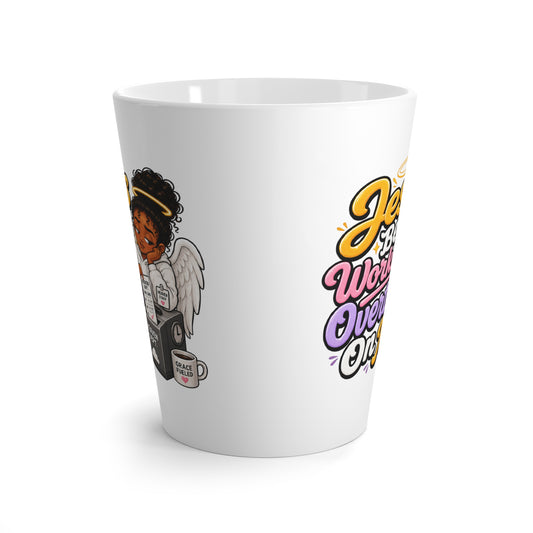 Latte Mug — "Jesus Be Working Overtime On Me" Inspirational Christian Coffee Mug - ClaimedbyGodDesigns