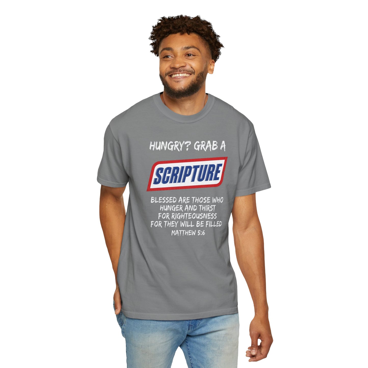 Scripture Snack T-Shirt — "Hungry? Grab a Scripture" Matthew 5:6 Christian Tee