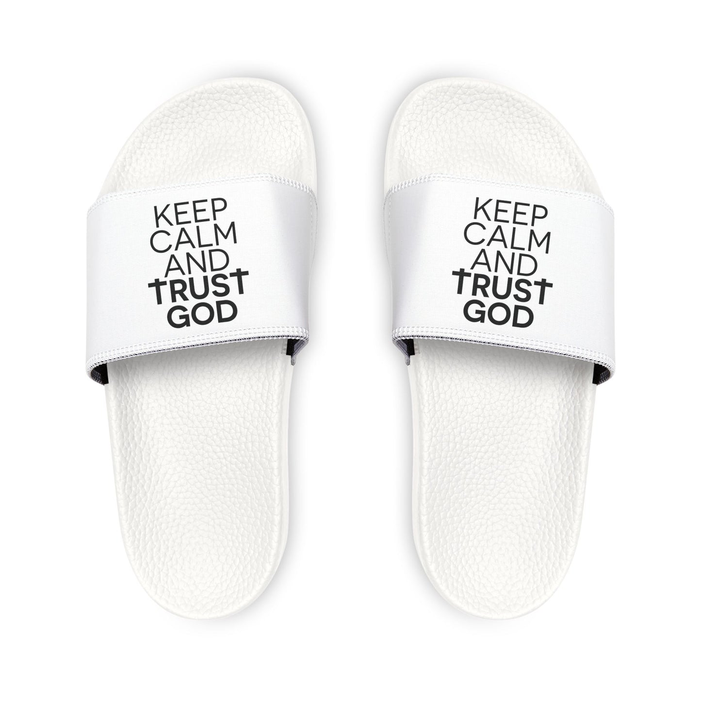 Comfortable Youth Sandals, Keep Calm and Trust Him Slides, Summer Footwear, Kids Casual Sandals, Faith - Inspired Summer Slides - ClaimedbyGodDesigns
