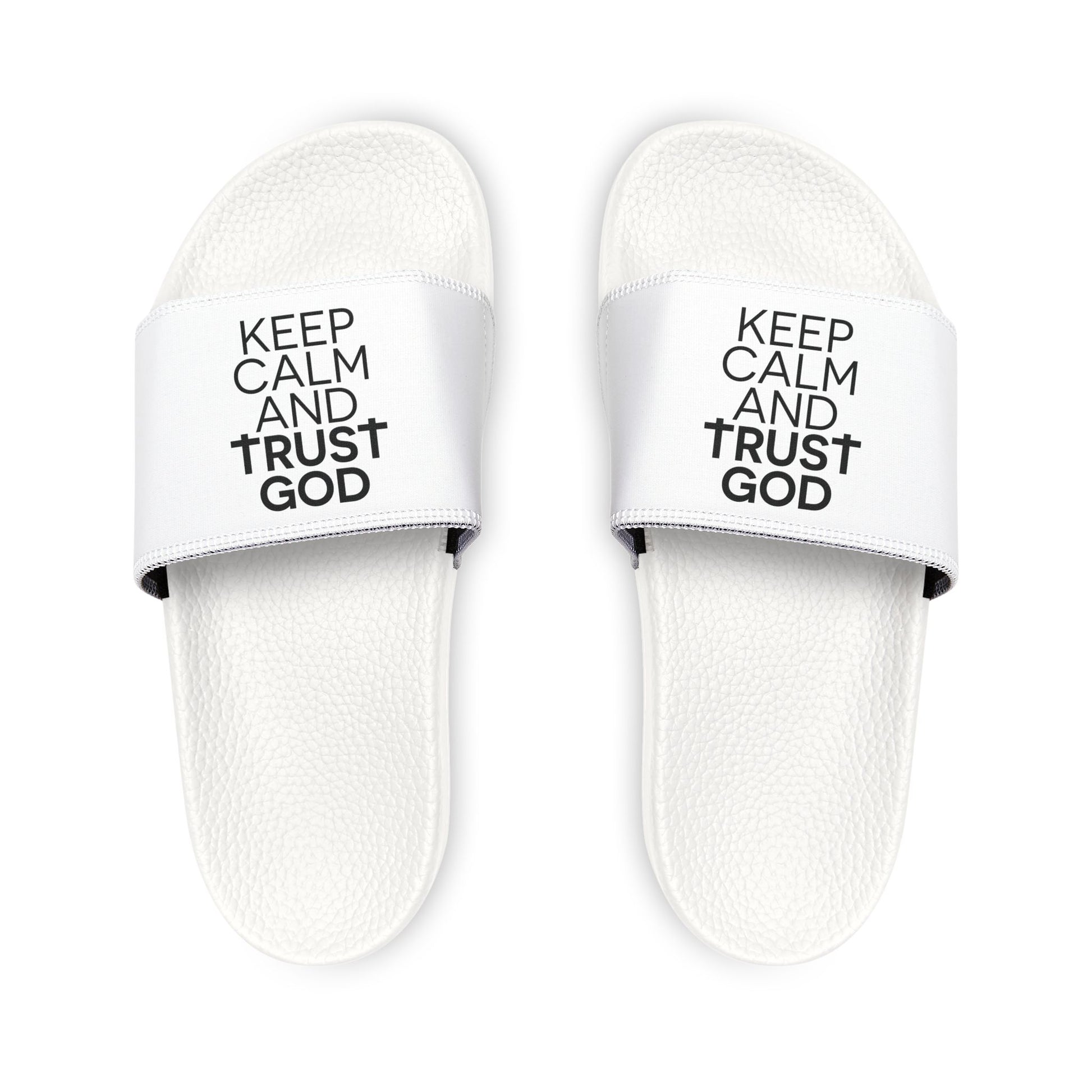 Comfortable Youth Sandals, Keep Calm and Trust Him Slides, Summer Footwear, Kids Casual Sandals, Faith - Inspired Summer Slides - ClaimedbyGodDesigns