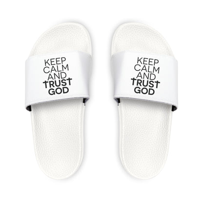 Comfortable Youth Sandals, Keep Calm and Trust Him Slides, Summer Footwear, Kids Casual Sandals, Faith - Inspired Summer Slides - ClaimedbyGodDesigns