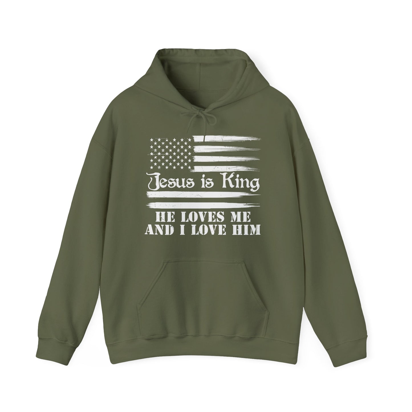 Jesus Is King He Loves Me And I Love Him American Patriotic Christian Unisex Hooded Pullover Sweatshirt