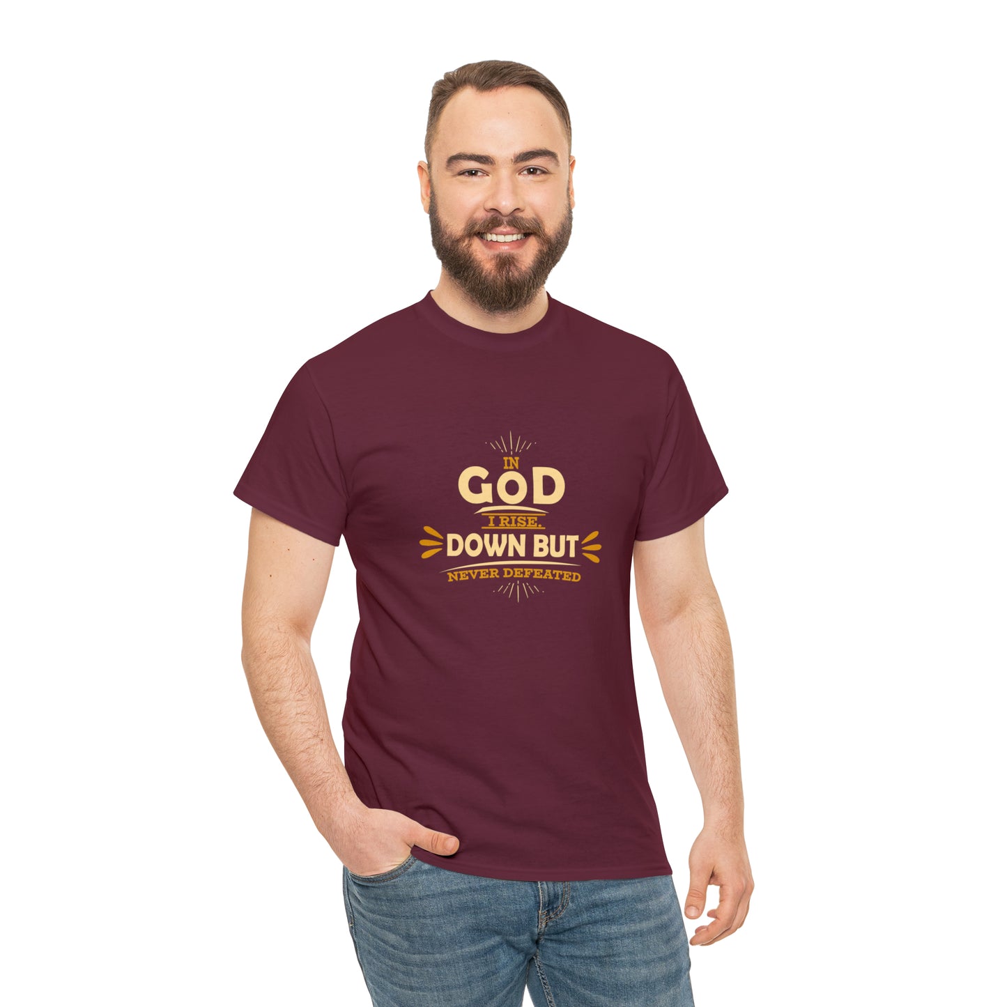 In God I Rise Down But Never Defeated  Unisex Heavy Cotton Tee