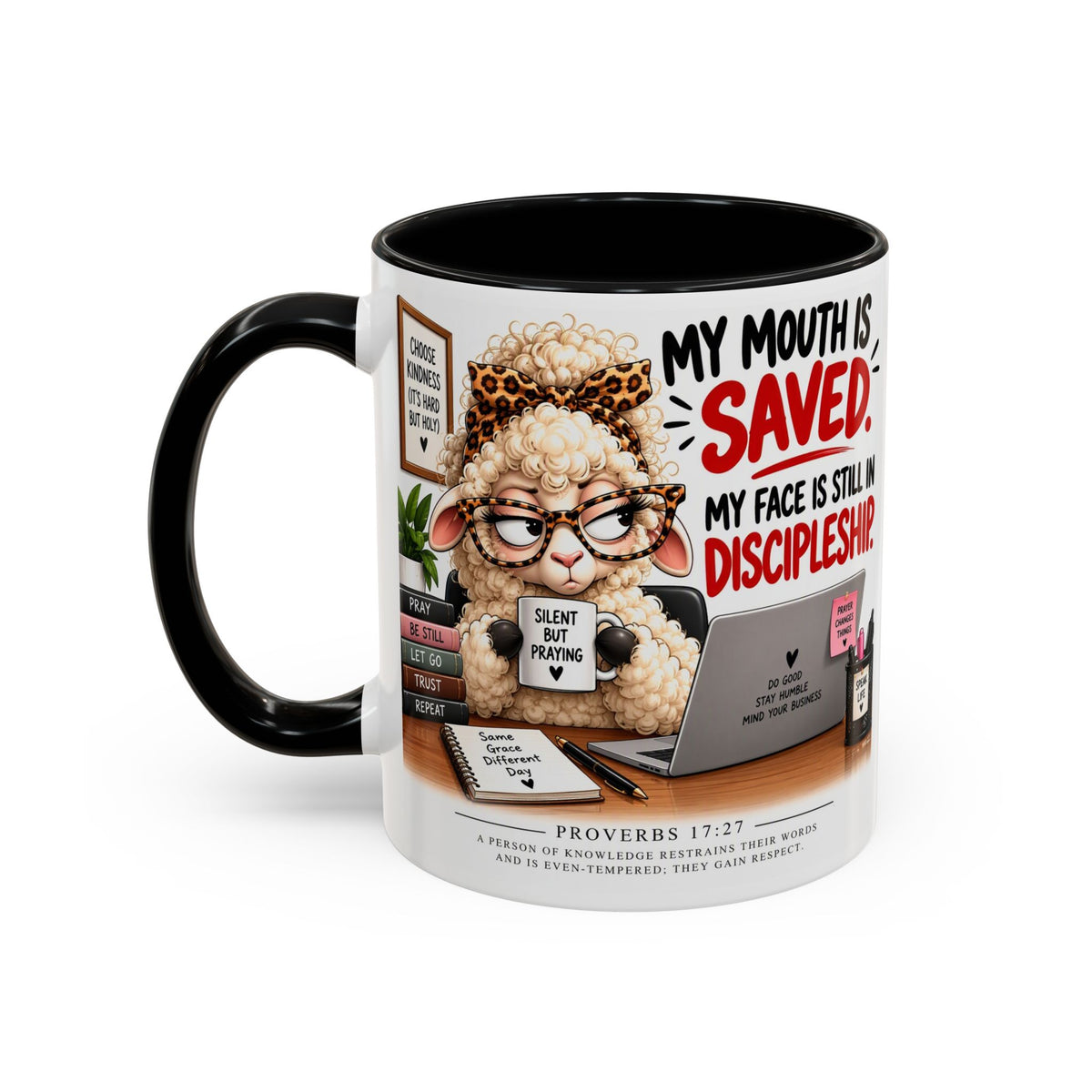 Saved & Sassy Sheep Coffee Mug — "My Mouth Is Saved, My Face Is Still In Discipleship" Accent Mug