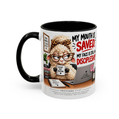 Saved & Sassy Sheep Coffee Mug — "My Mouth Is Saved, My Face Is Still In Discipleship" Accent Mug