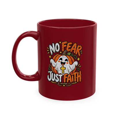 Halloween Ghost Christian Ceramic Mug — "No Fear, Just Faith" Pumpkin Coffee Cup