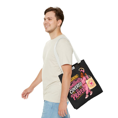 Tote Bag — "Warning: Contents Covered in Prayer" Pink Faith Tote - ClaimedbyGodDesigns