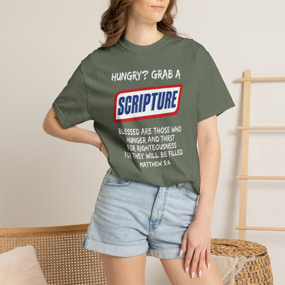 Scripture Snack T-Shirt — "Hungry? Grab a Scripture" Matthew 5:6 Christian Tee