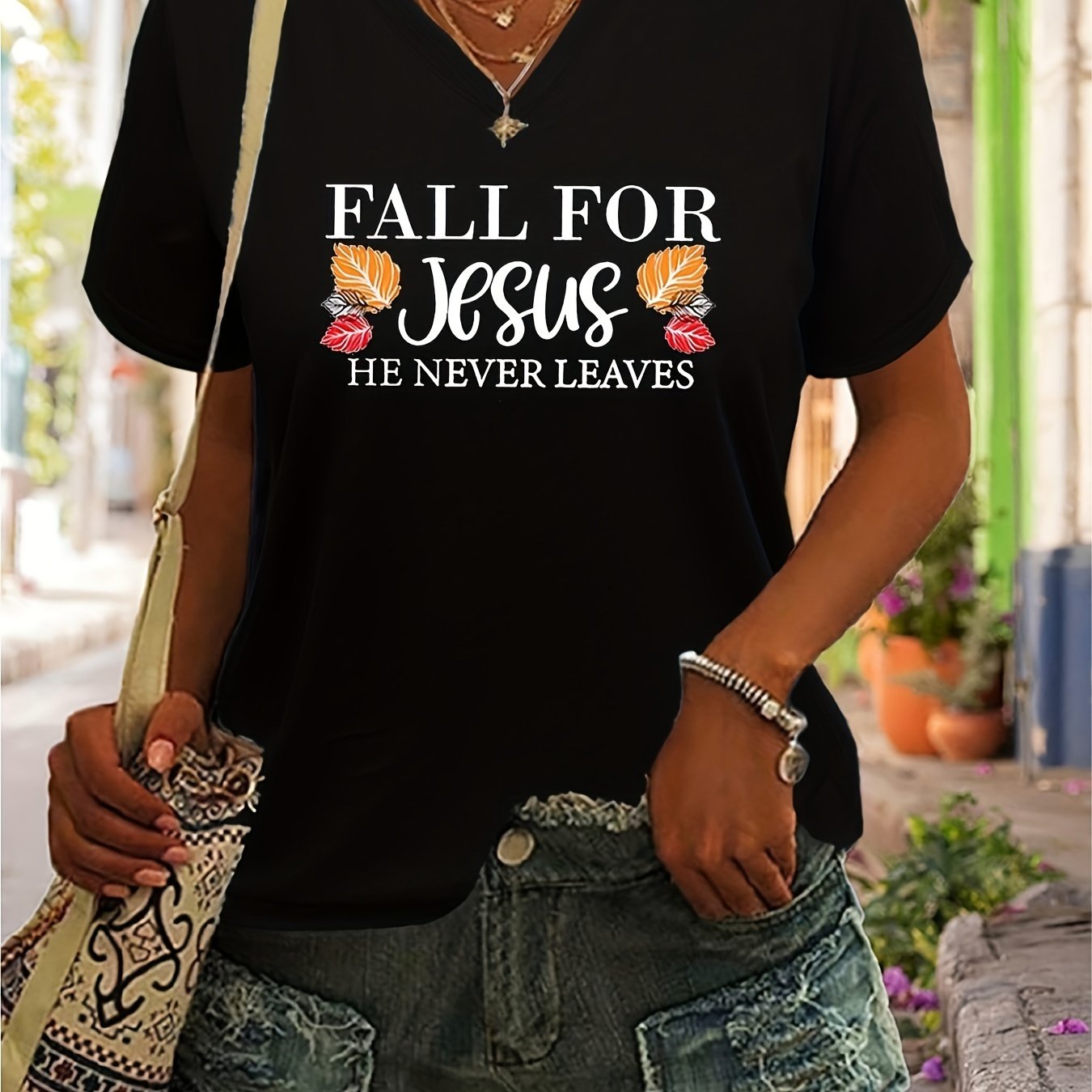 Fall For Jesus He Never Leaves Women's Christian V Neck T-Shirt claimedbygoddesigns