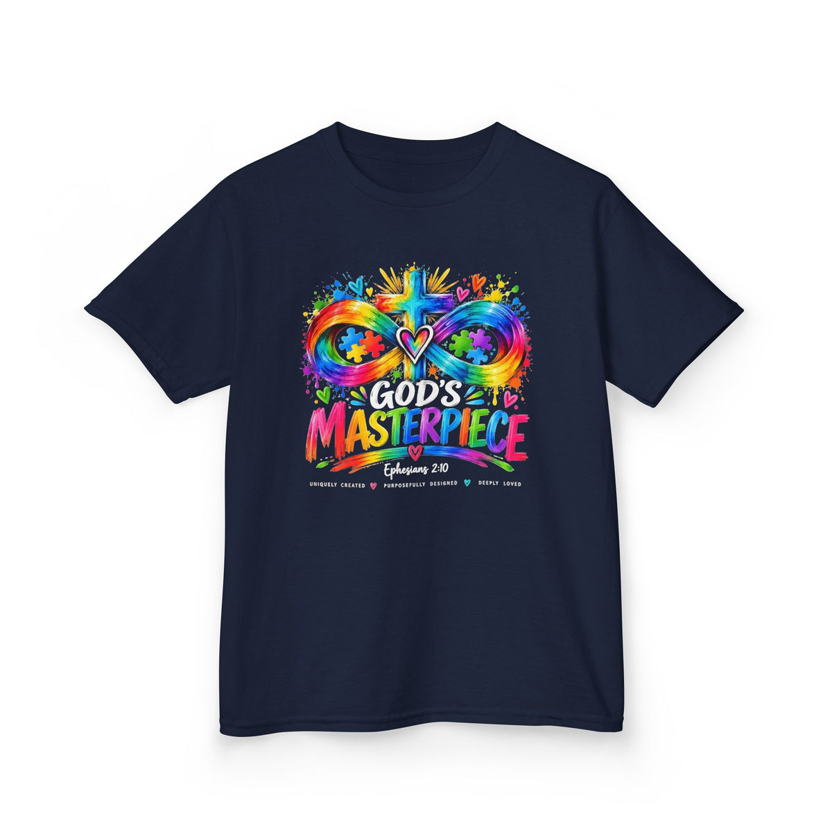Youth Autism Awareness T-Shirt — "God's Masterpiece" Colorful Heart & Infinity Tee