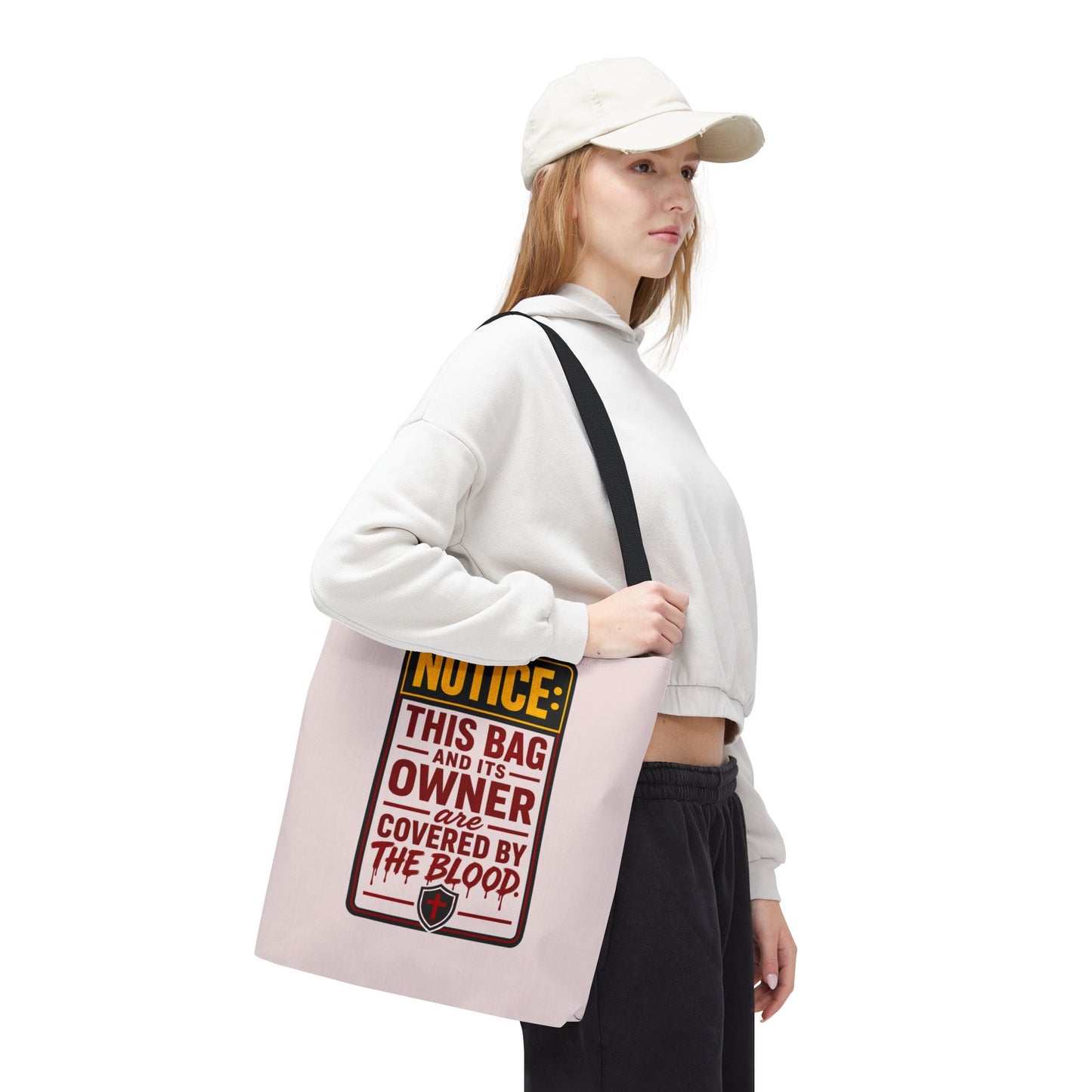 Tote Bag — "NOTICE: This Bag and Its Owner Are Covered by the Blood" Christian Faith Tote - ClaimedbyGodDesigns