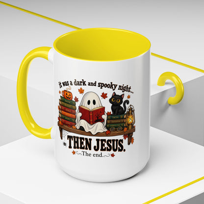 Halloween Christian Coffee Mug — “It Was a Dark and Spooky Night… Then Jesus” Accent Mug