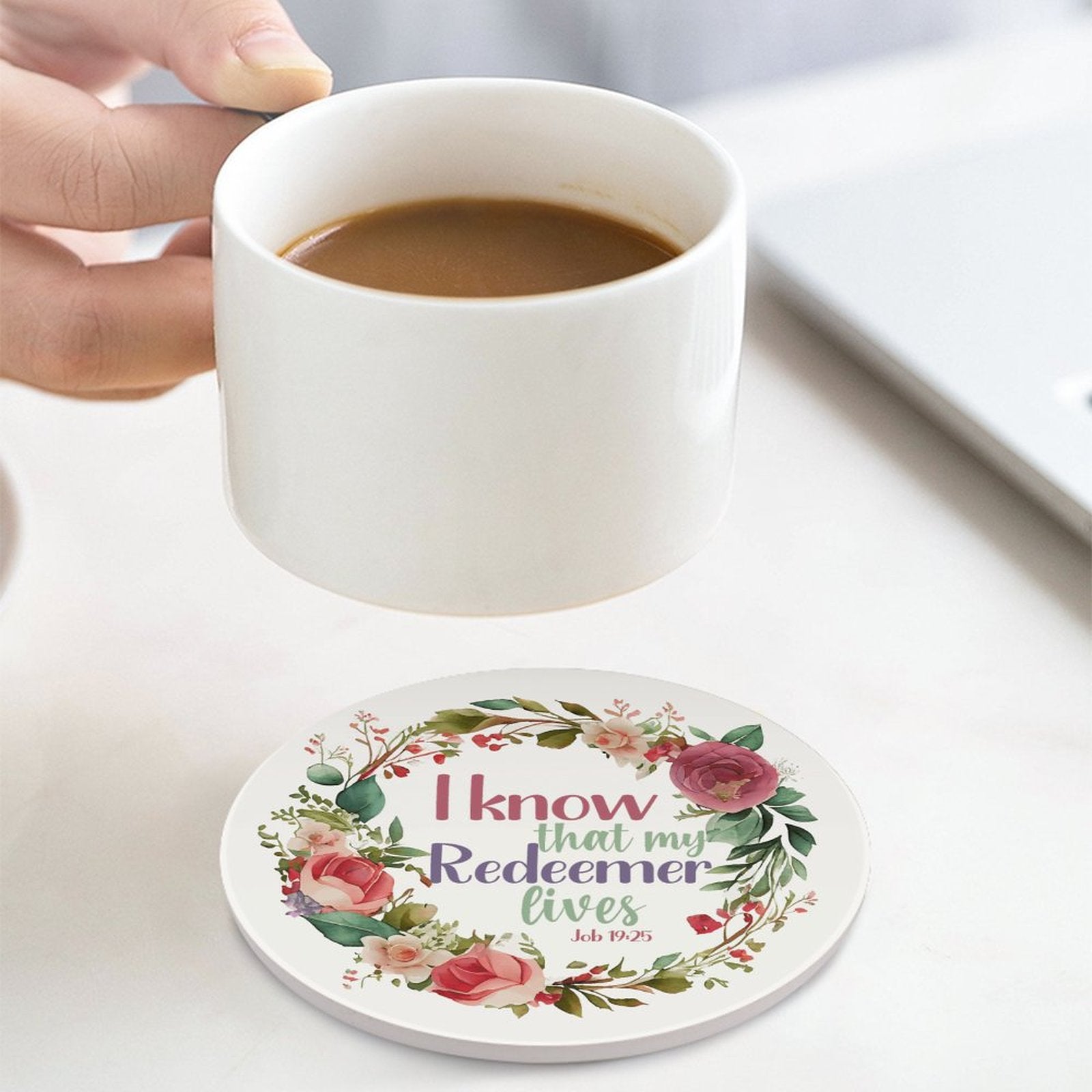 I Know My Redeemer Lives Christian Round Ceramic Coaster - ClaimedbyGodDesigns