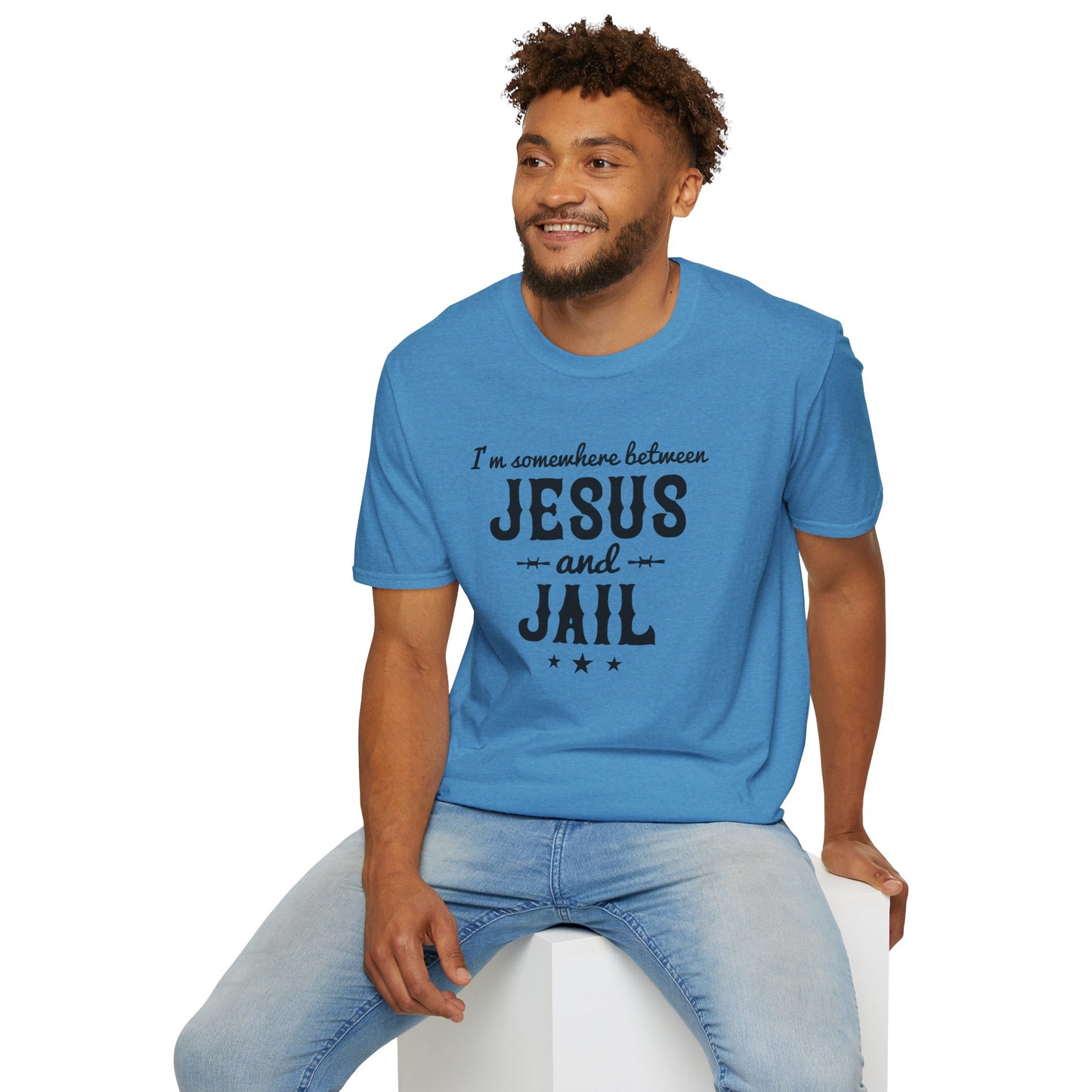 I'm Somewhere Between Jesus And Jail Funny Unisex Christian T-shirt