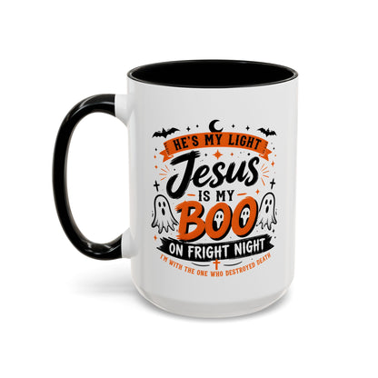 Christian Coffee Mug — "He's My Light, Jesus Is My Boo" Halloween Accent Mug
