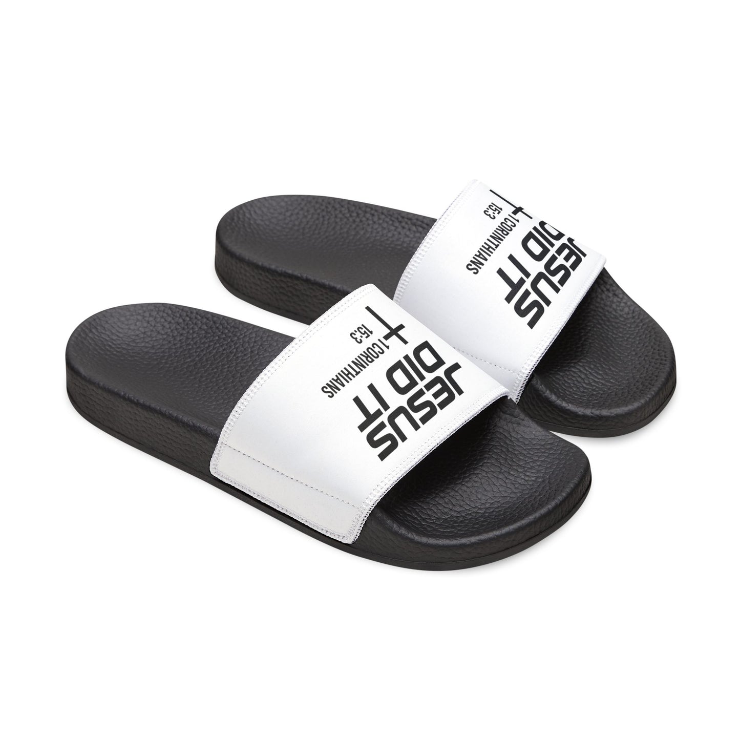 He Did It Men's Christian Slide Sandals — Christian Scripture 1 Corinthians 15:3 Pool Slides