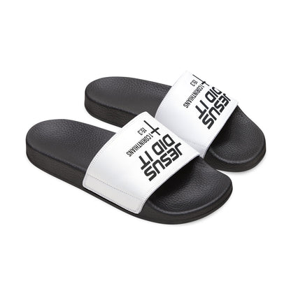 He Did It Men's Christian Slide Sandals — Christian Scripture 1 Corinthians 15:3 Pool Slides