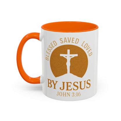 Inspirational Accent Coffee Mug - Blessed, Saved, Loved by Him | John 3:16