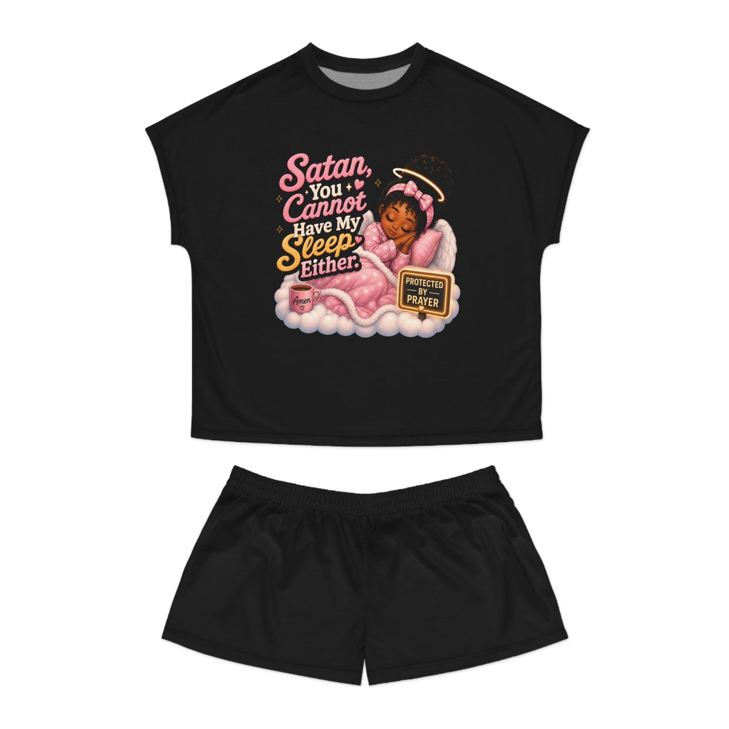 Christian Women's Pajama Set - "Satan You Cannot Have My Sleep Either" Cute Prayer Angel Sleepwear - ClaimedbyGodDesigns