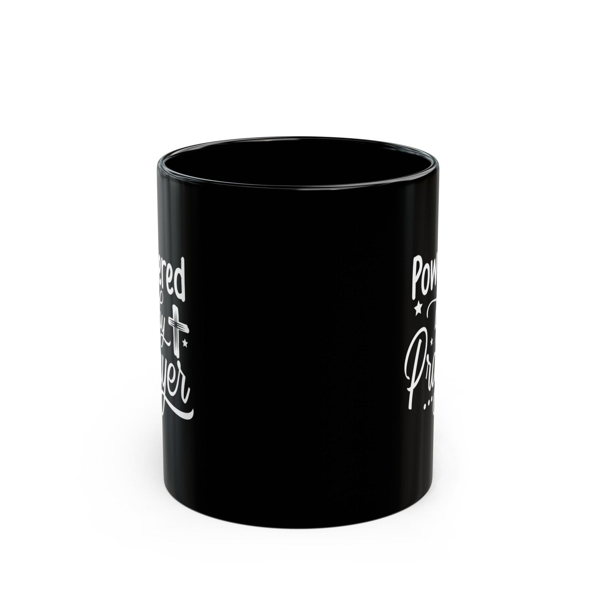Powered By Prayer Christian Black Ceramic Mug 11oz (double sided print) Printify