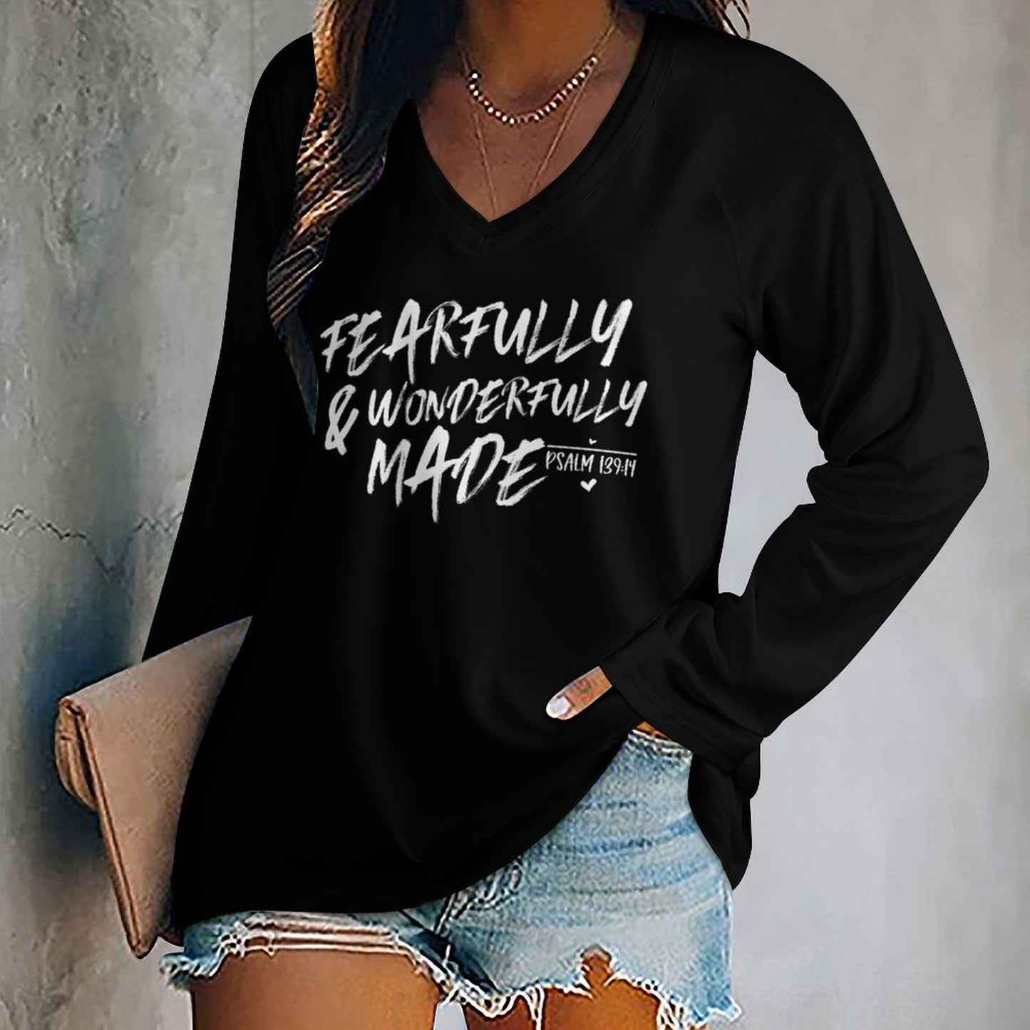 Fearfully And Wonderfully Made Women's Christian V-neck Loose Long Sleeve Pullover Sweatshirt