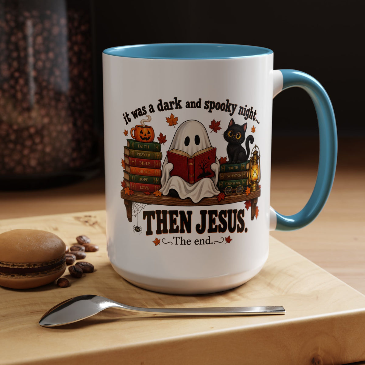 Halloween Christian Coffee Mug — “It Was a Dark and Spooky Night… Then Jesus” Accent Mug