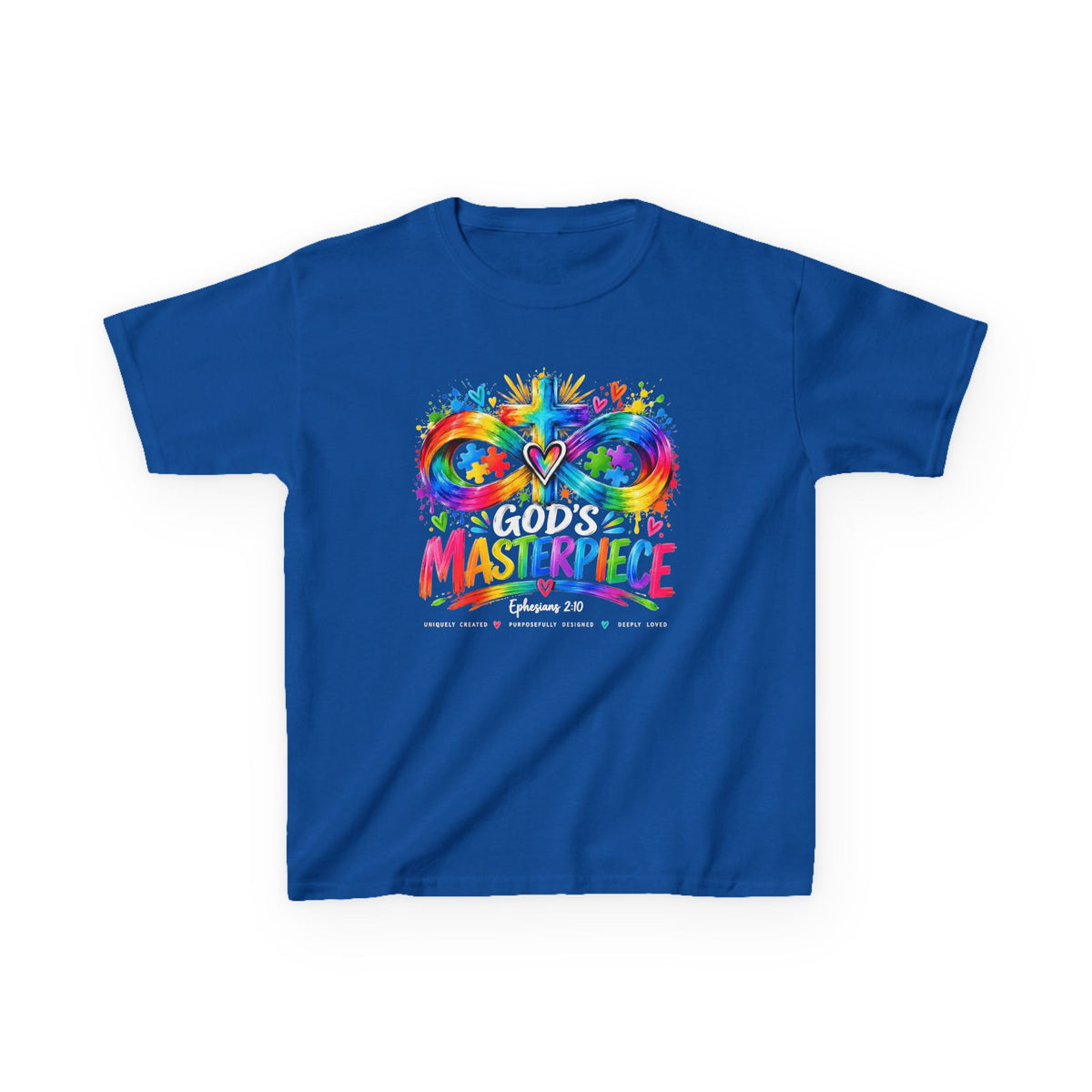 Youth Autism Awareness T-Shirt — "God's Masterpiece" Colorful Heart & Infinity Tee