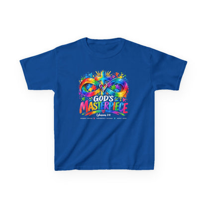 Youth Autism Awareness T-Shirt — "God's Masterpiece" Colorful Heart & Infinity Tee
