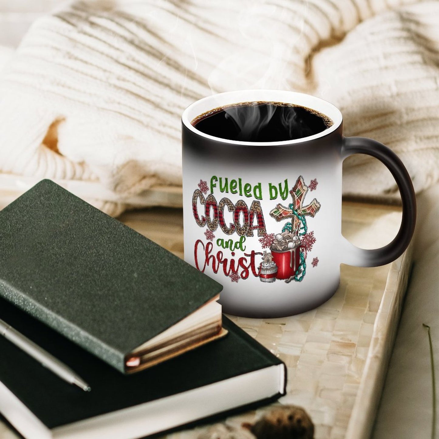 Fueled By Cocoa And Christ (Christmas Themed) Christian Color Changing Mug (Dual-sided)