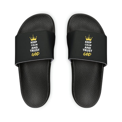 Keep Calm And Trust God Men's PU Christian Slide Sandals Printify