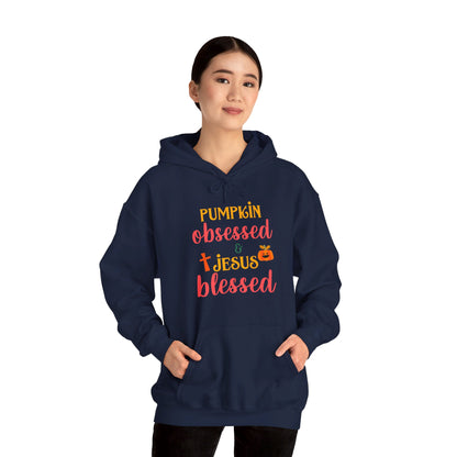 Pumpkin Obsessed And Blessed by Him Halloween Unisex Christian Pullover Hooded Sweatshirt