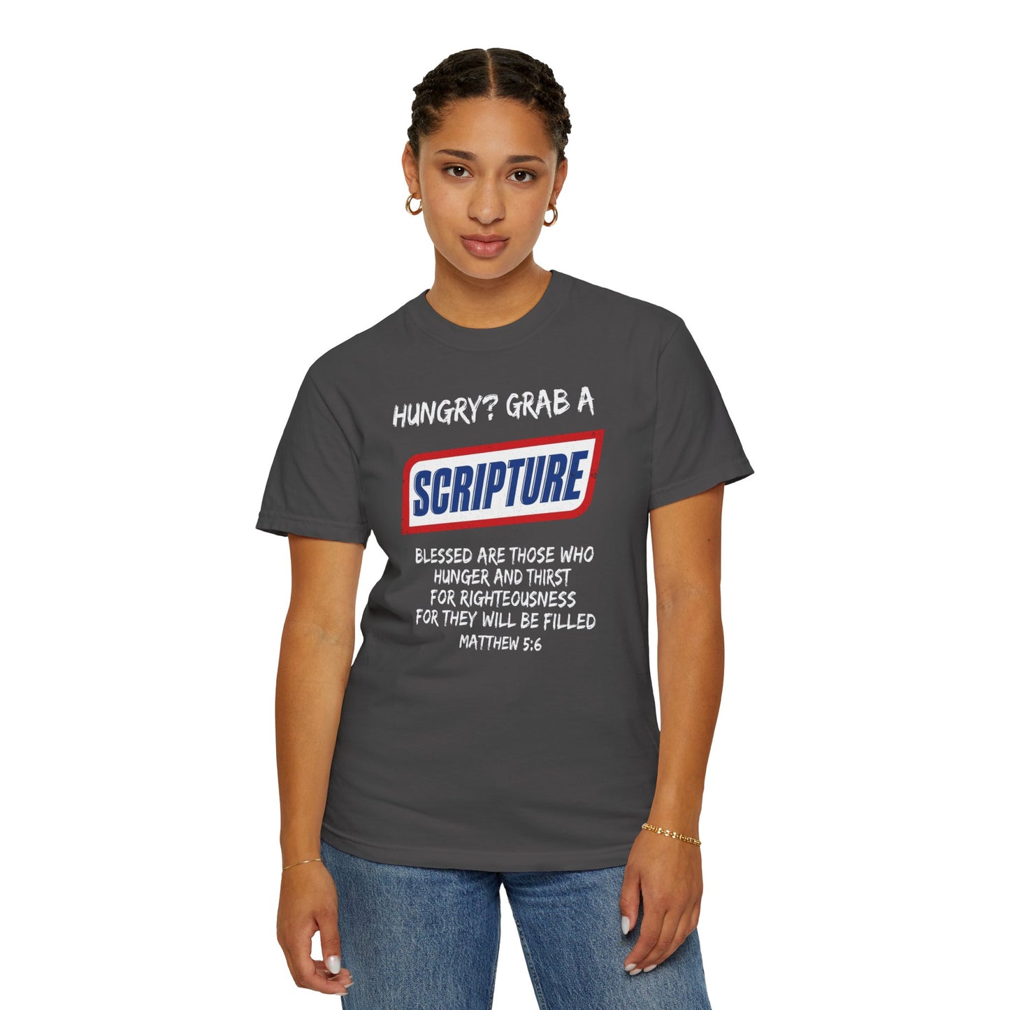 Scripture Snack T-Shirt — "Hungry? Grab a Scripture" Matthew 5:6 Christian Tee