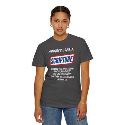 Scripture Snack T-Shirt — "Hungry? Grab a Scripture" Matthew 5:6 Christian Tee