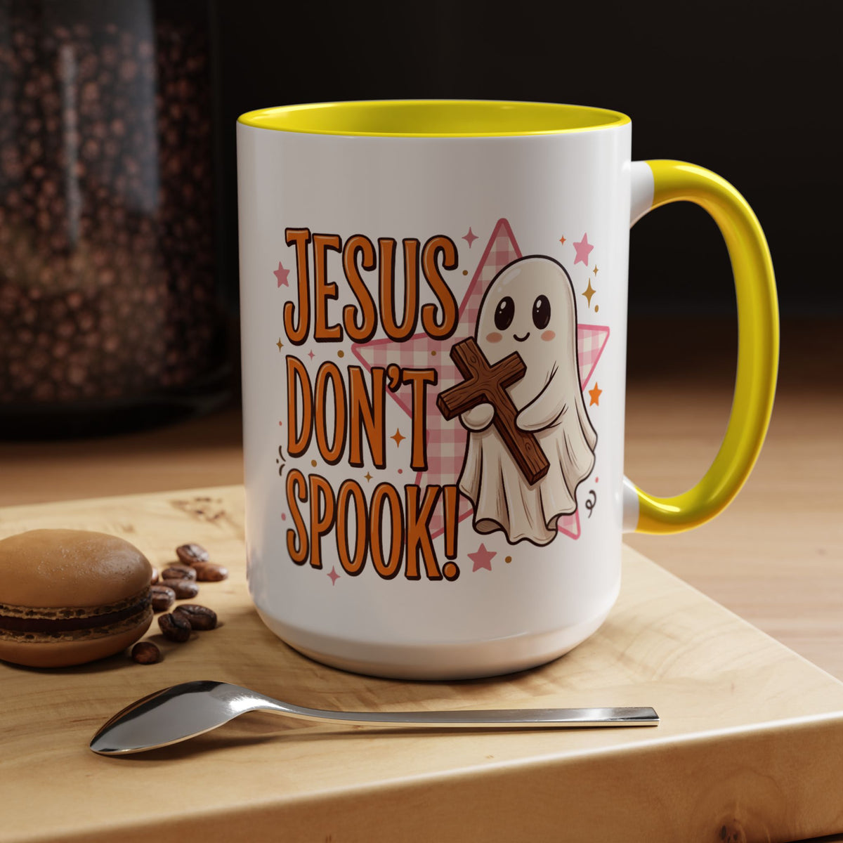 Accent Coffee Mug — "Jesus Don't Spook!" Cute Ghost Christian Coffee Mug (11/15oz)