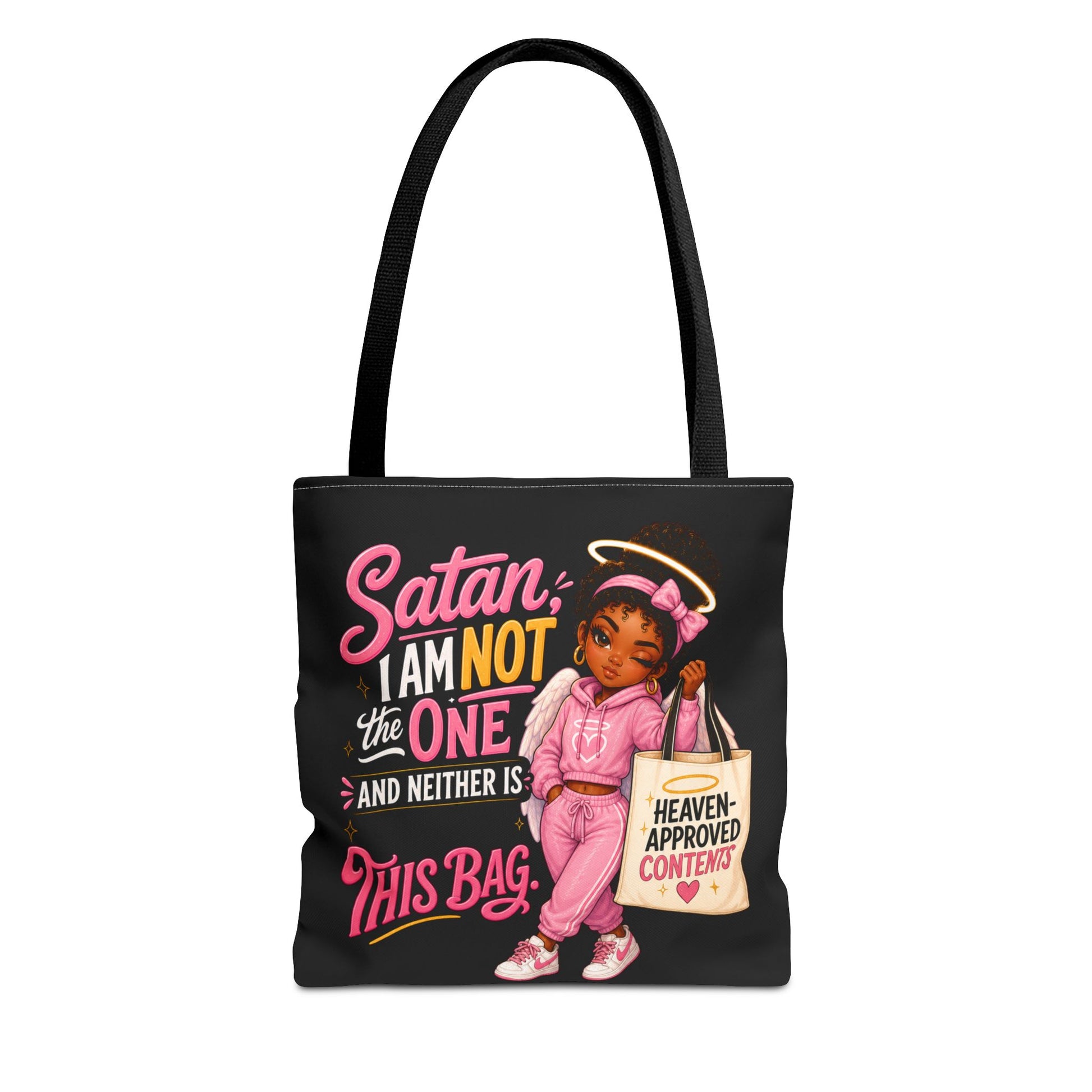Tote Bag — "Satan I Am Not The One" Retro Angel Girl Tote (Heaven Approved Content) - ClaimedbyGodDesigns