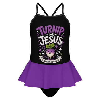 Turnip For Jesus Kids One‑Piece Ruffle Strap Christian Swimsuit
