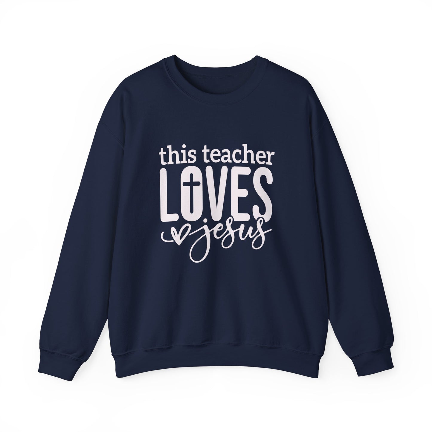 This Teacher Loves Jesus Unisex Heavy Blend™ Crewneck Christian Sweatshirt