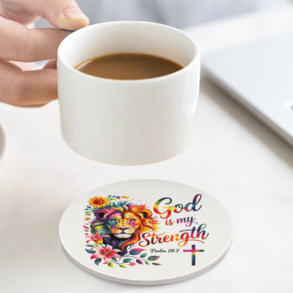 He Is My Strength Christian Round Ceramic Coaster - ClaimedbyGodDesigns